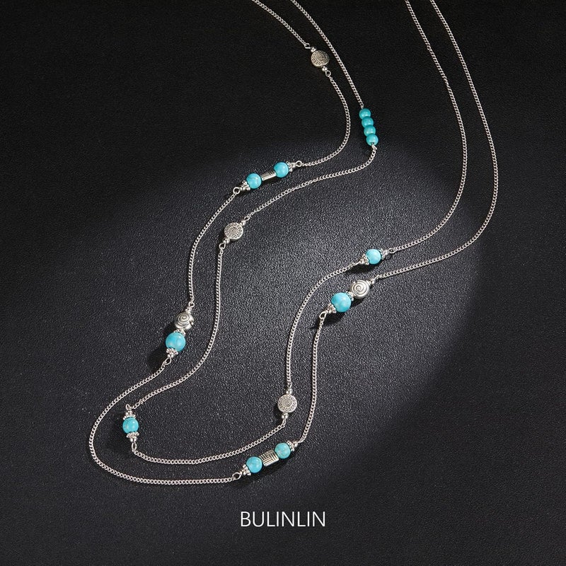 BULINLIN Layered Silver Long Necklace for Women Turquoise Stone Beaded Strand Sweater Chain Necklaces Fashion Costume Jewelry Gifts for Mom - Image 1